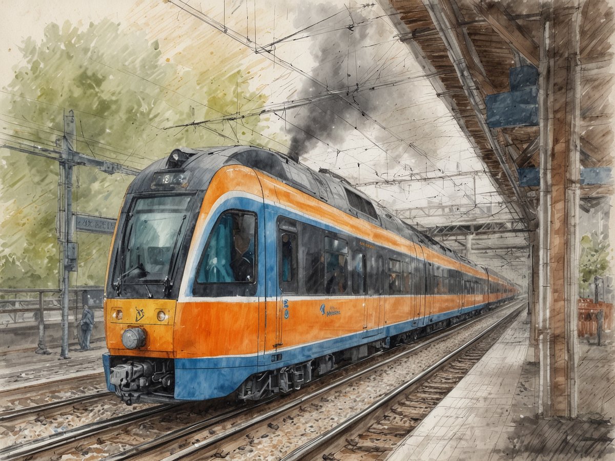 Ein orange-blauer Zug steht an einem Bahngleis unter einem überdachten Bahnsteig. Im Hintergrund sind einige Bäume sichtbar, die die Szenerie umrahmen. Der Zug hat eine moderne Form und scheint auf einem Gleis in Bewegung zu sein. An einem Pfosten in der Nähe ist ein Zugzeichen angebracht. Die Umgebung wirkt einladend und zeigt eine harmonische Verbindung zwischen Natur und Verkehr. Die detaillierte Darstellung lässt einen künstlerischen Stil erkennen, der dem Bild einen besonderen Charakter verleiht.