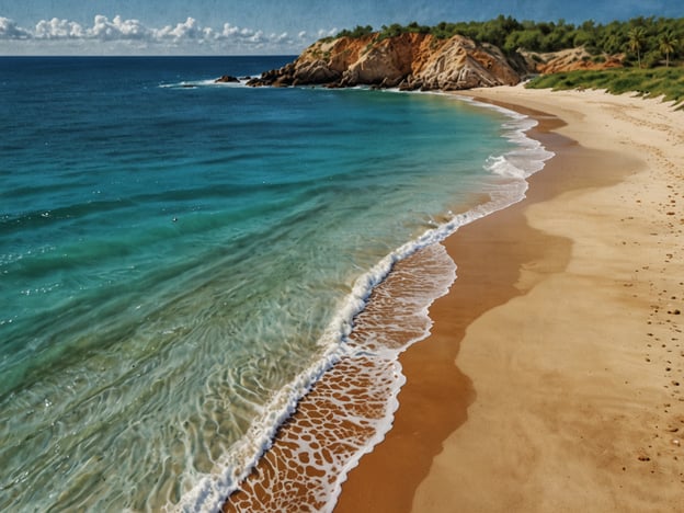 Auf dem Bild ist ein traumhaft schöner Strand zu sehen. Der feine Sandstrand wird von sanften Wellen umspült, während das klare, türkisfarbene Wasser eine einladende Atmosphäre schafft. Im Hintergrund sieht man eine idyllische Küstenlinie mit sanften Hügeln. Diese Szenerie ist perfekt für Sonnenanbeter, Schwimmer und Naturliebhaber gleichermaßen. Es ist der ideale Ort für jeden Geschmack, sei es für Entspannung, Wassersport oder einfach nur einen romantischen Spaziergang am Meer.