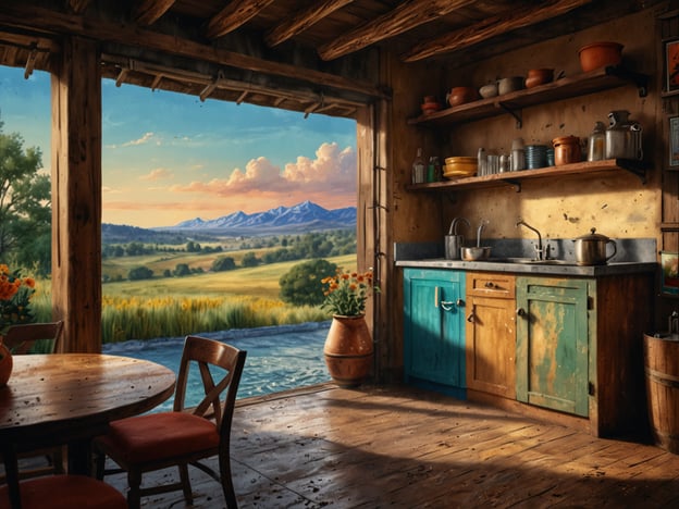 Auf dem Bild ist eine rustikale Küche zu sehen, die durch eine offene Tür einen malerischen Blick auf eine weite Landschaft mit Bergen bietet. Die warme Atmosphäre des Raumes, die Holzmöbel und die Pflanzen am Fenster vermitteln ein Gefühl von Geborgenheit und Naturverbundenheit.

Hier sind einige Reisetipps für einen unvergesslichen Aufenthalt in einem ähnlichen Ambiente:

1. **Wählen Sie eine ländliche Unterkunft**: Suchen Sie nach einem Ferienhaus oder einer Berghütte, um die Ruhe der Natur zu genießen.

2. **Entdecken Sie die Umgebung**: Machen Sie Spaziergänge oder Wanderungen in der Umgebung, um die natürliche Schönheit der Landschaft zu erleben. Halten Sie Ausschau nach malerischen Ausblicken.

3. **Lokale Küche genießen**: Bereiten Sie einige traditionelle Gerichte mit regionalen Zutaten zu. Besuchen Sie lokale Märkte, um frische Produkte zu kaufen.

4. **Gemütliche Abende**: Richten Sie sich einen gemütlichen Abend mit Kerzenlicht und einem guten Buch ein. Vielleicht können Sie auch ein Lagerfeuer machen und Geschichten erzählen.

5. **Aktivitäten in der Natur**: Nutzen Sie die Umgebung für Aktivitäten wie Radfahren, Angeln oder Vogelbeobachtung.

6. **Entspannung**: Nehmen Sie sich Zeit für Entspannung – sei es mit einer Tasse Tee auf der Terrasse oder einem Picknick im Freien.

Genießen Sie Ihren Aufenthalt und lassen Sie die Schönheit der Natur auf sich wirken!