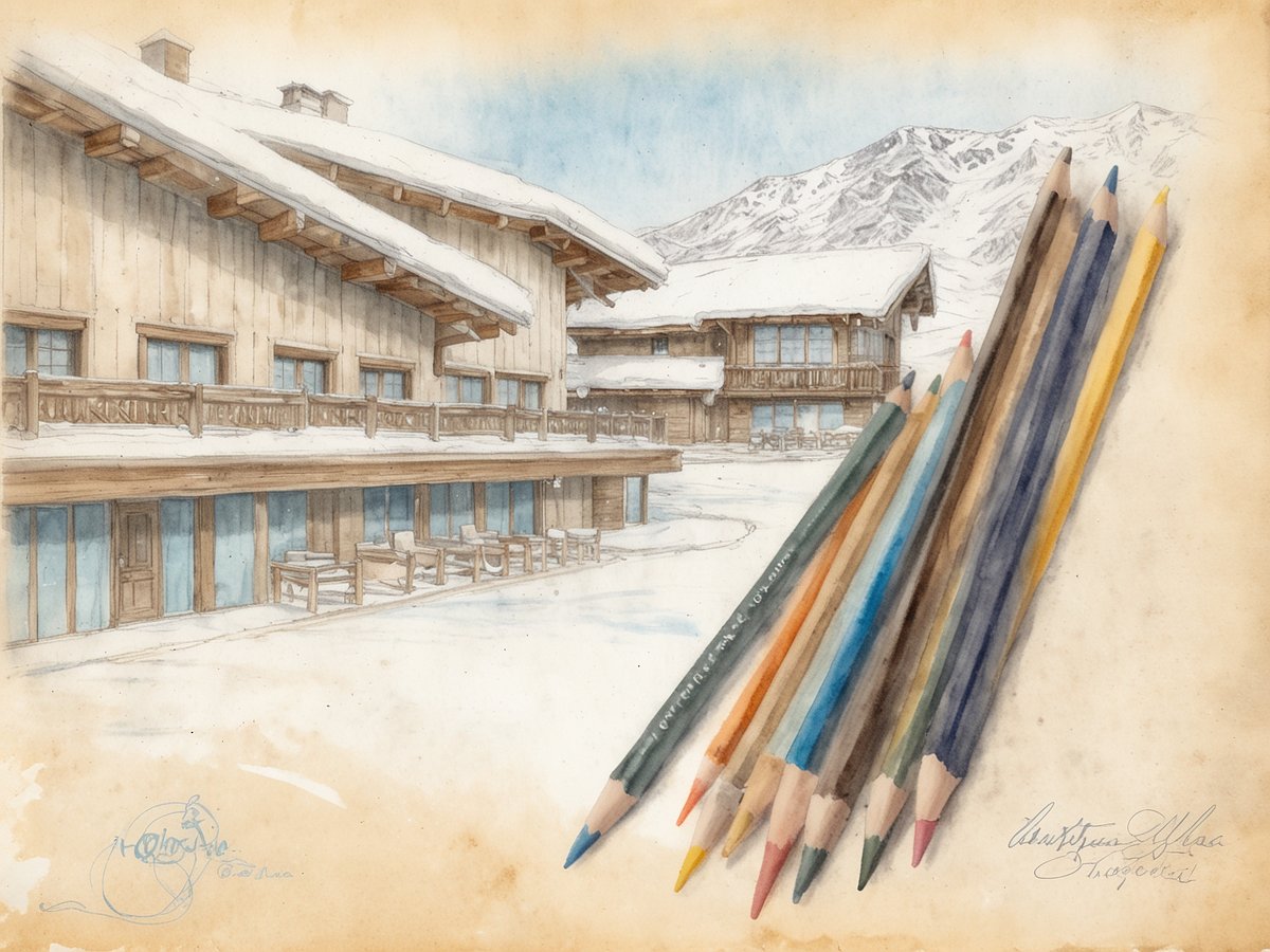 Eine handgezeichnete Aquarellskizze zeigt das Cheval Blanc Courchevel, ein Chalet mit einem schneebedeckten Dach und großen Fenstern. Vor dem Gebäude sind Holzgeländer und Sitzmöglichkeiten auf einem schneebedeckten Boden zu sehen. Im Vordergrund liegen mehrere Buntstifte, die in verschiedenen Farben angeordnet sind und das künstlerische Element der Darstellung hervorheben. Im Hintergrund sind majestätische Berge unter einem klaren blauen Himmel sichtbar.