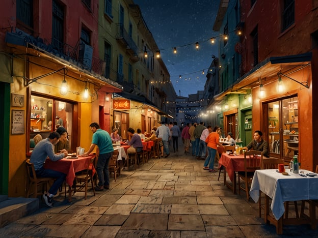 Auf dem Bild ist eine lebhafte Straßenszene in Valparaíso zu sehen, wo mehrere Restaurants und Cafés entlang der bunten Fassaden unter freiem Himmel Tische aufgestellt haben. Die Atmosphäre wird durch warmes, sanftes Licht von Laternen und den Abendhimmel verstärkt. 

Kulinarisch ist Valparaíso bekannt für seine frischen Meeresfrüchte, die oft in den lokalen Lokalen serviert werden. Ein beliebtes Gericht sind „Mariscos al Pil Pil“, eine schmackhafte Kombination aus Meeresfrüchten in einer würzigen Sauce. Auch die traditionellen „Completo“-Hotdogs und die verschiedenen lokalen Weine sind ein Muss. Die Mischung aus lokaler Kreativität, frischen Zutaten und der einzigartigen Hafenatmosphäre macht die kulinarischen Erlebnisse hier besonders reizvoll.