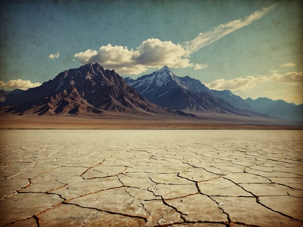 Auf dem Bild ist eine beeindruckende Landschaft der Atacama-Wüste zu sehen. Die unberührte Natur zeigt eine trockene, rissige Erdoberfläche, die durch das Fehlen von Wasser entstanden ist. Im Hintergrund erheben sich majestätische Berge, einige mit schneebedeckten Spitzen, die einen starken Kontrast zu dem wüstenartigen Vordergrund bilden. Der Himmel ist klar und zeigt einige Wolkenformationen, die die Schönheit der unwirklichen, aber faszinierenden Landschaft unterstreichen. Diese Szenerie spiegelt die raue, aber zugleich atemberaubende Natur der Atacama-Wüste wider.