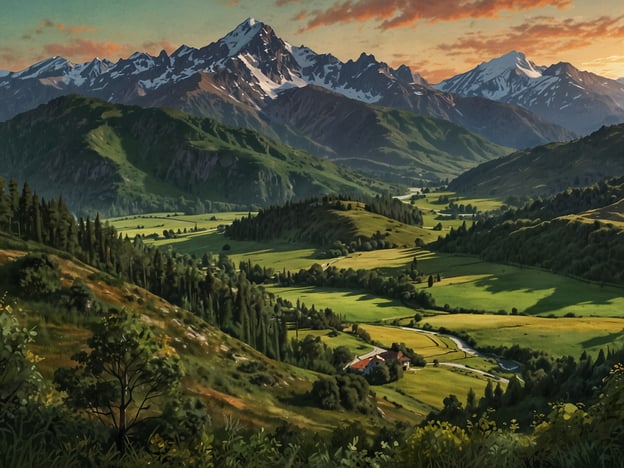 Auf dem Bild ist eine atemberaubende Landschaft mit majestätischen Bergen und einem weiten, grünen Tal zu sehen. Die schneebedeckten Gipfel der Berge im Hintergrund verleihen dem Szenario eine dramatische Ausstrahlung, während das sanfte Licht der Abenddämmerung die Szenerie in warmen Farben taucht. 

Im Vordergrund erstrecken sich üppige Wiesen und Wälder, durchzogen von einem malerischen Fluss, der sich durch die Landschaft schlängelt. Vereinzelte Gehöfte und landwirtschaftliche Flächen auf den sanften Hügeln vermitteln ein Gefühl von Idylle und menschlicher Besiedlung. Diese harmonische Verbindung von Natur und Menschlichkeit schafft eine friedliche und inspirierende Atmosphäre.