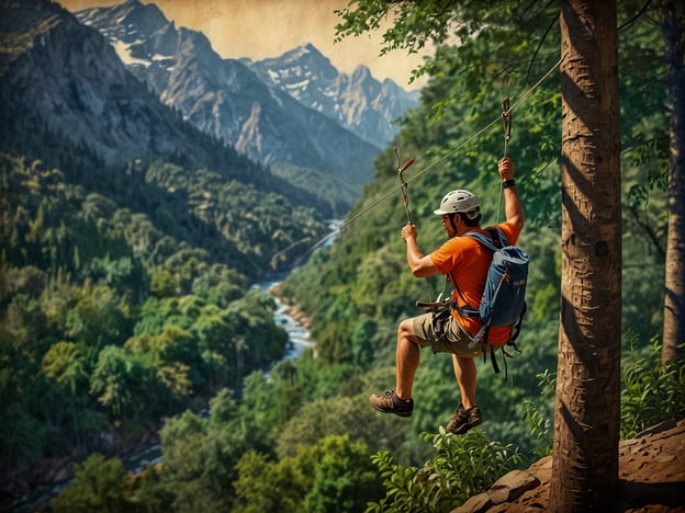 Auf dem Bild sieht man einen abenteuerlustigen Menschen, der an einem Seil hängend durch eine malerische Landschaft mit Bergen und einem Fluss gleitet. Diese Aktivität könnte Ziplining oder Seilrutschen darstellen, was ein aufregendes Abenteuer in der Natur ist. Solche Erlebnisse bieten Adrenalin und die Möglichkeit, die Schönheit der Umgebung aus einer einzigartigen Perspektive zu genießen. Für Abenteuerlustige wären auch Aktivitäten wie Klettern, Wandern in den Bergen oder Wildwasser-Rafting in dieser beeindruckenden Kulisse sehr ansprechend.