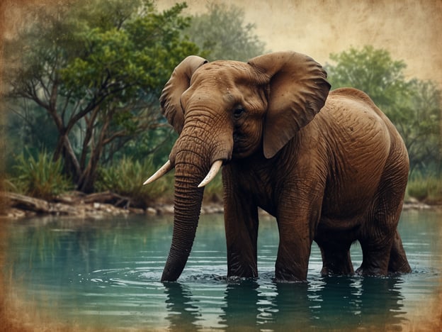 Auf dem Bild ist ein Elefant zu sehen, der im Wasser steht. Umgeben von einer natürlichen Umgebung mit Bäumen und Pflanzen, vermittelt das Bild eine ruhige und friedliche Stimmung. Es zeigt die Schönheit und Anmut der Tierwelt, während der Elefant mit seinem beeindruckenden Rüssel und den ikonischen Ohren in den sanften Gewässern steht. Solche Szenen ermöglichen es uns, die Tierwelt hautnah zu erleben und die Bedeutung von Naturschutz zu erkennen.