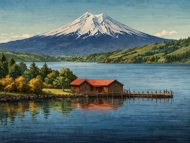 Das Bild zeigt eine zauberhafte Seenlandschaft von Puerto Varas. Im Vordergrund befindet sich ein gemütliches Holzhaus mit einem roten Dach, das an einem Steg am Wasser liegt. Im Hintergrund erhebt sich der majestätische schneebedeckte Vulkan, umgeben von sanften, grünen Hügeln und Bäumen. Das ruhige Wasser spiegelt die umliegende Landschaft und schafft eine friedliche Atmosphäre, die die natürliche Schönheit dieser Region betont.