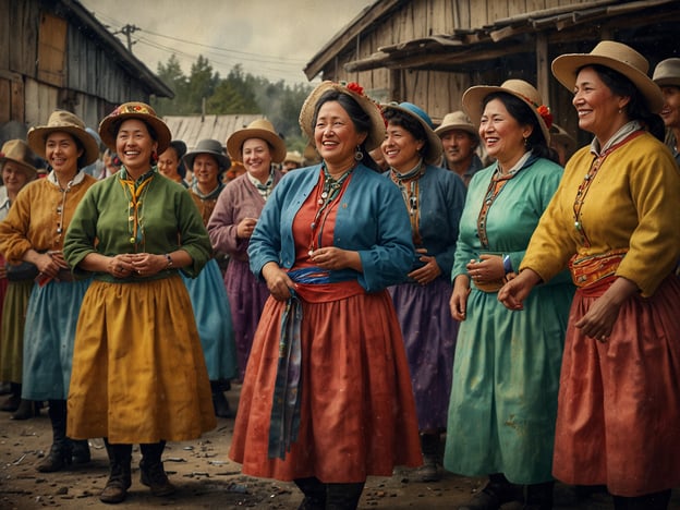 Auf dem Bild sind mehrere Frauen in traditionellen, bunten Trachten zu sehen. Diese Art der Kleidung ist typisch für die Kultur von Chiloé, einer Inselgruppe in Chile, die reich an Traditionen und Festen ist. 

Ein Beispiel für ein wichtiges Fest auf Chiloé ist das „Fiesta de la Candelaria“, wo die Dorfbewohner zusammenkommen, um religiöse Prozessionen und kulturelle Aufführungen zu feiern. Auch das „Minga“-Fest ist bedeutend, bei dem Gemeinschaftsarbeit und familiäre Bindungen gefeiert werden. Die fröhlichen Gesichter der Frauen auf dem Bild spiegeln die Freude und den Gemeinschaftsgeist wider, die bei diesen Festen spürbar sind.