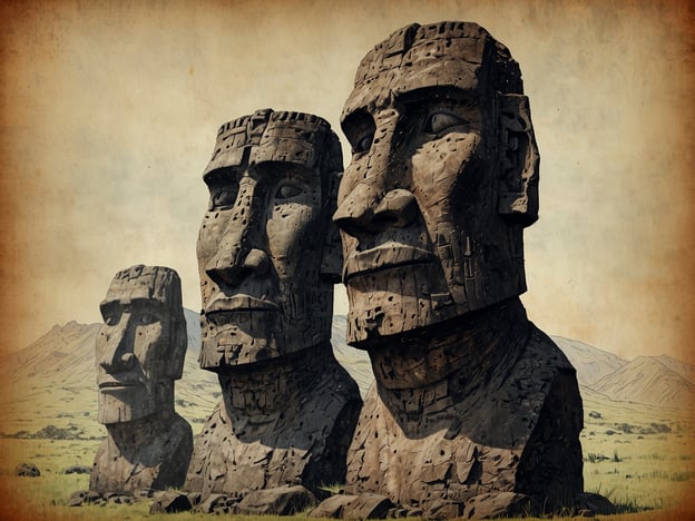 Auf dem Bild sind mehrere Moai-Statuen zu sehen, die charakteristischen Steinskulpturen der Osterinsel (Rapa Nui). Die Moai sind bekannt für ihre großen Köpfe und den monumentalen Körper, die auf den erhöhten Plattformen, den Ahu, stehen. Diese Statuen wurden aus Tuffstein aus dem Vulkangebiet der Insel gefertigt und entstanden zwischen 1400 und 1650 nach Christus.

Die Ursprünge der Moai liegen in der kultischen Verehrung der Vorfahren sowie der Repräsentation von wichtigen Ahnen. Man nimmt an, dass die Statuen die Macht und den Status der Familie symbolisieren sollten, die sie in Auftrag gab. Die Moai sind heute sowohl ein kulturelles Erbe als auch ein bedeutendes touristisches Ziel.