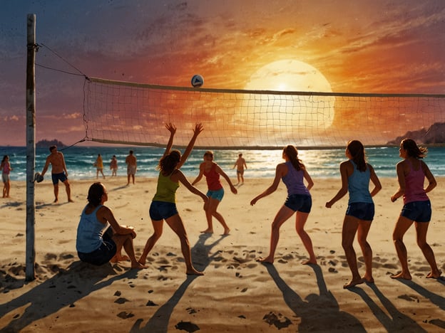 Auf dem Bild ist eine Gruppe von Menschen zu sehen, die am Strand Volleyball spielen. Die Sonne geht gerade unter und taucht den Himmel in warmes Licht, was eine entspannte und fröhliche Atmosphäre schafft. Einige Personen sitzen am Strand und beobachten das Spiel, während andere aktiv teilnehmen. Insgesamt vermittelt die Szene ein Gefühl von Spaß und Erholung in der Natur am Meer.