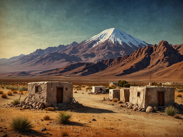 Auf dem Bild sind einige einfache, beigefarbene Hütten in einer kargen Wüstenlandschaft zu sehen, umgeben von felsigen Bergen. Im Hintergrund erhebt sich ein majestätischer schneebedeckter Vulkan, der an den Andes erinnert. Die Szenerie strahlt eine ruhige, trockene Atmosphäre aus und zeigt die beeindruckende Landschaft, die für die Region Antofagasta charakteristisch ist. Entdecke Antofagasta: Tor zur Atacama-Wüste bietet unvergessliche Ausblicke auf solche Naturwunder.