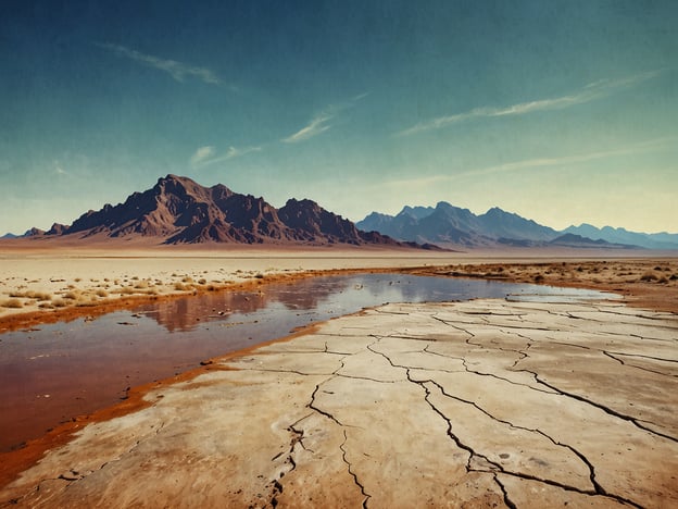 Das Bild zeigt eine weite, trockene Landschaft mit zerklüftetem Terrain und Bergen im Hintergrund. In der Atacama-Wüste könnte man hier ein Abenteuer erleben, indem man die eindrucksvollen Formationen erkundet, durch die rauen, sandigen Flächen wandert und am Wasserlauf beobachtet, wie die desolate Schönheit der Wüste wirkt. Der Kontrast zwischen den trockenen Erdschollen und dem glitzernden Wasser bietet eine faszinierende Kulisse für Naturliebhaber und Abenteurer. Die Weite der Wüste lädt dazu ein, auch abseits der ausgetretenen Pfade zu entdecken und die einzigartigen Landschaften zu genießen.