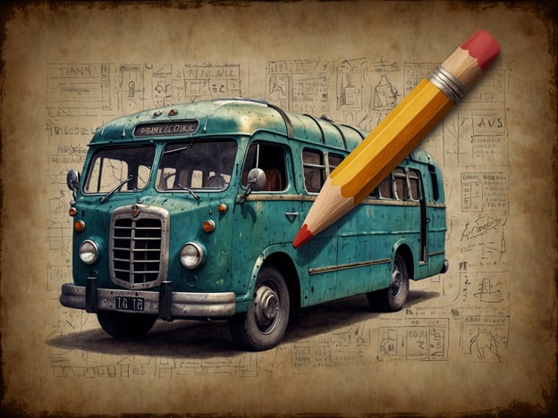 Auf dem Bild ist ein alter, turquoise-farbener Bus zu sehen, der im Vintage-Stil gestaltet ist. Darüber hinaus befindet sich ein großes, rot-gelbes Bleistift-Objekt, das künstlerisch platziert ist. Im Hintergrund sind verwischte Zeichnungen und Notizen zu erkennen, die eine kreative Atmosphäre schaffen.

### Anreise:
Um zu einem Ort zu gelangen, an dem sich ähnliche nostalgische Busse oder Kunstwerke befinden, empfiehlt es sich, mit öffentlichen Verkehrsmitteln zu reisen, da das Parken in solch historischen Bezirken oft eingeschränkt sein kann. Informiere dich über die besten Zeiten, um Menschenmengen zu vermeiden.

### Praktische Tipps:
1. **Kamera mitnehmen**: Halte die einzigartigen Designs und Details fest.
2. **Zeichnen oder Skizzieren**: Bring ein Notizbuch mit, um Inspiration zu sammeln.
3. **Erkundung der Umgebung**: Besuche nahegelegene Cafés oder Geschäfte, um das lokale Flair zu genießen.
4. **Frühzeitig planen**: Überprüfe die Öffnungszeiten von Museen oder Galerien, die eventuell solche Kunstwerke ausstellen.