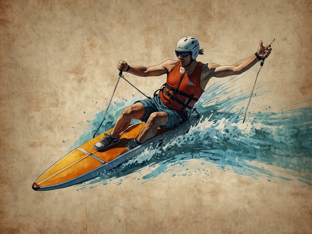 Auf dem Bild ist ein Wassersportler zu sehen, der auf einem Surfbrett fährt. Er trägt einen Helm und eine Schwimmweste, was auf Sicherheit hinweist. Die dynamische Pose und die spritzende Gischt deuten auf Abenteuer und Geschwindigkeit hin, während er über das Wasser gleitet. Diese Art von Aktivität verbindet den Nervenkitzel des Wassersports mit der Freiheit der Natur und dem Spaß an abenteuerlichen Herausforderungen.