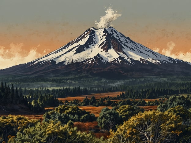 Auf dem Bild ist der majestätische Villarrica Vulkan zu sehen. Er erhebt sich mit seiner schneebedeckten Spitze und stößt Rauchwolken aus. Umgeben von einer grünen Landschaft und einem malerischen Sonnenuntergang, strahlt der Vulkan eine beeindruckende Präsenz aus.