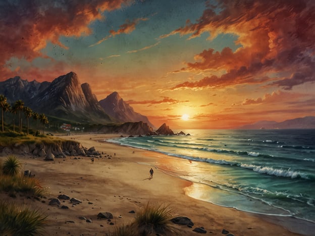 Auf dem Bild ist eine wunderschöne Landschaft zu sehen, die einen Strand bei Sonnenuntergang darstellt. Die sanften Wellen des Meeres brechen sich am Ufer, während der Himmel in lebhaften Farben leuchtet. Die umliegenden Berge bieten eine spektakuläre Kulisse für diesen idyllischen Ort. 

Aktivitäten, die man hier genießen könnte, sind Spaziergänge am Strand, Schwimmen im Meer oder einfach nur das Beobachten des Sonnenuntergangs. Die Palmen im Vordergrund verleihen der Szene einen tropischen Flair und laden zum Entspannen ein. Dies könnte ein beliebter Ort für Urlauber und Naturliebhaber sein.