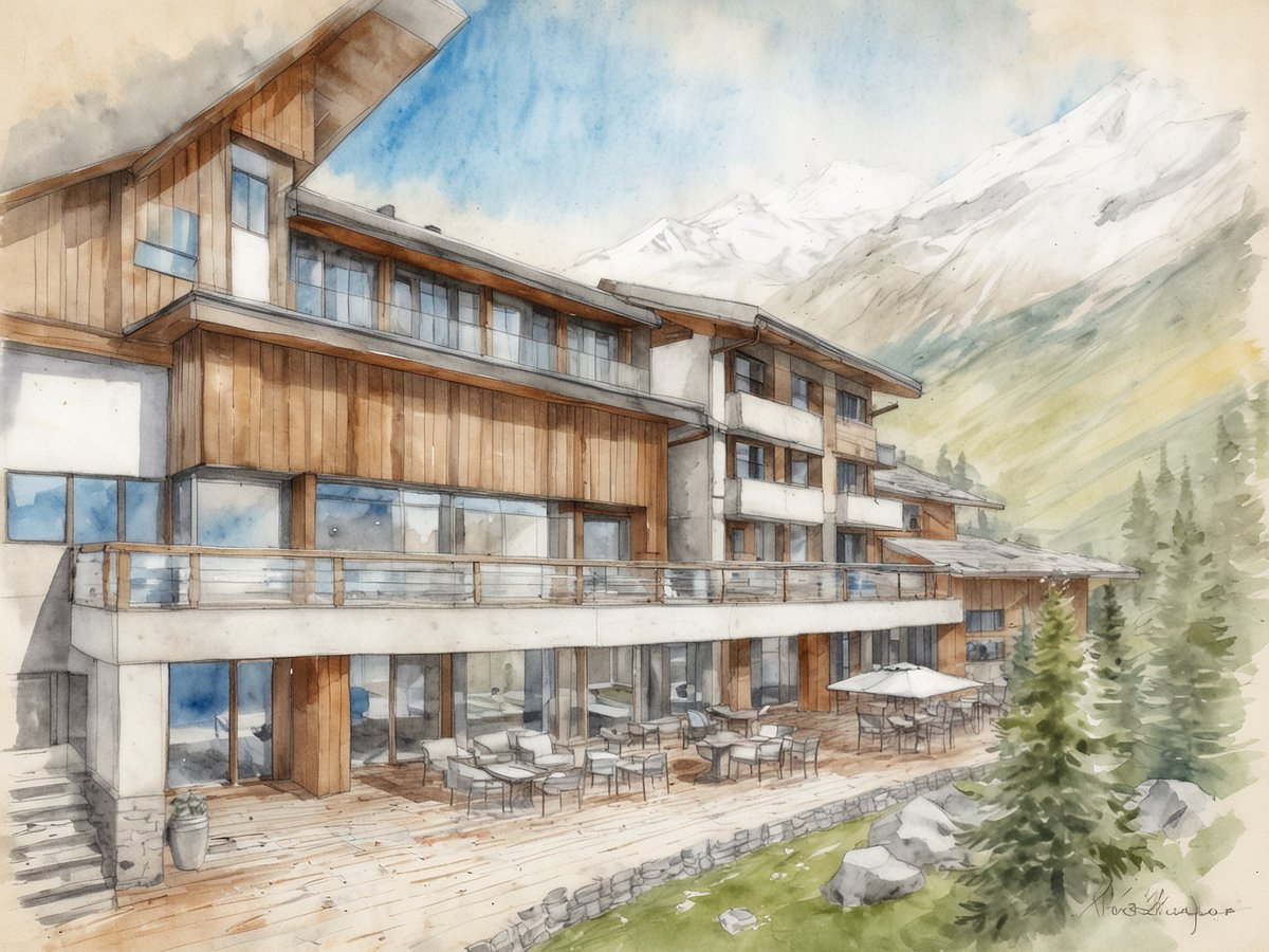 Eine künstlerische Skizze eines modernen Hotels in den Schweizer Alpen, das sich harmonisch in die alpine Landschaft einfügt. Das Gebäude ist aus Holz und Beton gestaltet und verfügt über einen großzügigen Balkon mit Glasfronten. Vor dem Hotel sind Sitzgelegenheiten und Tische auf einer Holzterrasse angeordnet. Im Hintergrund sind majestätische Berge und eine malerische Hügellandschaft zu sehen, die das alpine Ambiente unterstreichen.