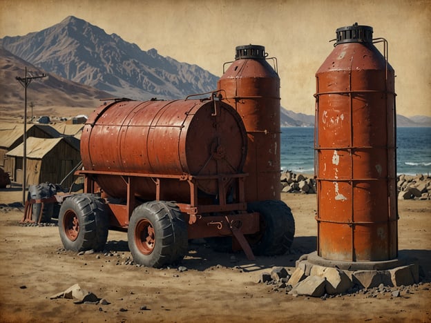 Auf dem Bild sind alte, rostige Tanks und ein Anhänger zu sehen, die möglicherweise mit der Salzmine in Iquique in Verbindung stehen. Die Region um Iquique in Chile war bekannt für ihre Salpeter- und Salzminen im 19. und frühen 20. Jahrhundert. Diese Minen waren entscheidend für die chilenische Wirtschaft und spielten eine wichtige Rolle im internationalen Handel. Die Verwendung von solchen Tanks könnte darauf hinweisen, dass sie für den Transport oder die Verarbeitung von Salpeter genutzt wurden, was zur Blütezeit der Minen beitrug. Die Landschaft im Hintergrund deutet auf die trockene, gebirgige Umgebung hin, die typisch für diese Region ist.