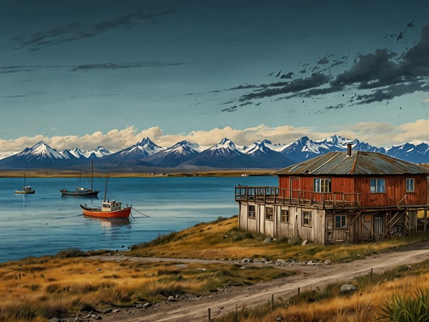 Entdecke das charmante Puerto Natales! Auf dem Bild sieht man eine malerische Küstenlandschaft mit einem Aussichtspunkt auf das Wasser, wo einige Boote schwimmen. Im Hintergrund erhebt sich eine beeindruckende Bergkette, deren schneebedeckte Gipfel durch den strahlend blauen Himmel hervorgehoben werden. Ein rustikales Gebäude nahe dem Wasser ergänzt die idyllische Szene, umgeben von sanften Grasflächen und einem Weg, der zum Ufer führt. Diese Aussicht vermittelt eine ruhige und einladende Atmosphäre, die typisch für Puerto Natales ist.