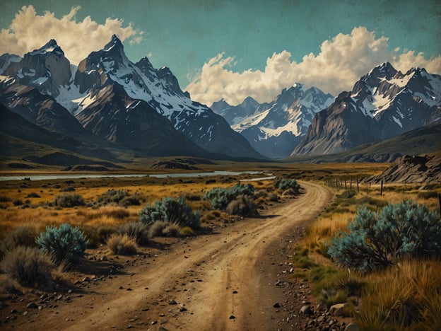 Auf dem Bild ist eine malerische Landschaft zu sehen, die den Weg ins Abenteuer symbolisiert: Anreise nach Torres del Paine. Eine kurvenreiche Schotterstraße führt durch eine weitläufige, goldene Ebene, umgeben von eindrucksvollen, schneebedeckten Bergen im Hintergrund. Die Wolken am Himmel verleihen der Szenerie eine dramatische Note, während das sanfte Licht eine einladende Atmosphäre schafft. Diese Reiseversprecher gibt einen Vorgeschmack auf die unberührte Natur und die Abenteuer, die in der atemberaubenden Landschaft Patagoniens warten.