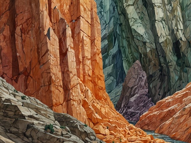 Auf dem Bild ist eine beeindruckende Darstellung von geologischen Formationen zu sehen, die stark an die einzigartigen Marmorhöhlen erinnert. Die Kunst zeigt hohe, monumentale Felsen mit orangefarbenen und grünlichen Tönen, die durch natürliche Erosion und Bewegungen der Erde geformt wurden. Diese Felsen sind in markanten Schichten angeordnet und weisen detaillierte Strukturen auf, die die Komplexität der Geologie verdeutlichen. Der visuelle Eindruck könnte den Betrachter an die atemberaubende Schönheit und Vielfalt der Marmorhöhlen erinnern, wo Licht und Schatten in faszinierenden Mustern spielen und die Farben der Mineralien zur Geltung kommen.