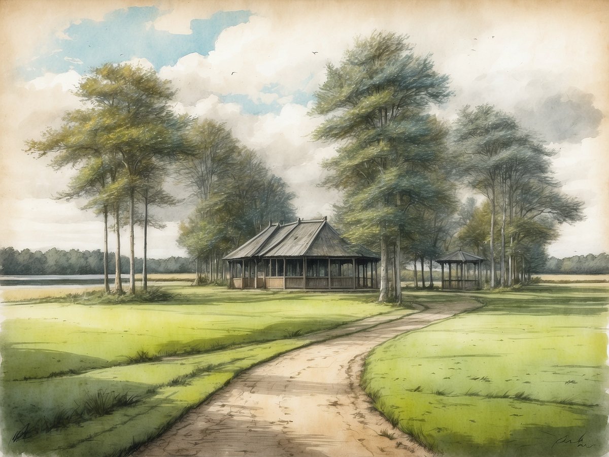 Eine malerische Landschaft im Landal GreenParks Het Land van Bartje in Ees zeigt ein rustikales Holzgebäude umgeben von hohen Bäumen. Der Himmel ist teilweise bewölkt, während die Sonne sanft auf die grüne Wiese scheint. Ein gekrümmter Weg führt vom Vordergrund zum Gebäude, das in einer idyllischen Umgebung am Wasser liegt.