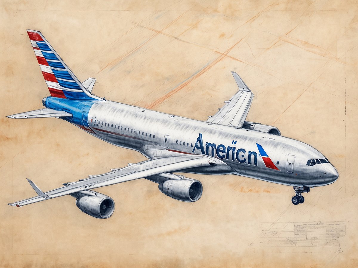 Ein Flugzeug der American Airlines ist im Vordergrund zu sehen. Es hat einen glänzenden silbernen Körper mit blauem und rotem Farbschema, das die Farben der Airline repräsentiert. Die Tragflächen sind sichtbar, ebenso wie die Triebwerke unterhalb des Flugzeugs. Der Hintergrund ist hell und neutral gehalten, wodurch das Flugzeug hervorsticht. Die allgemeine Darstellung vermittelt ein Gefühl von Bewegung und Dynamik.