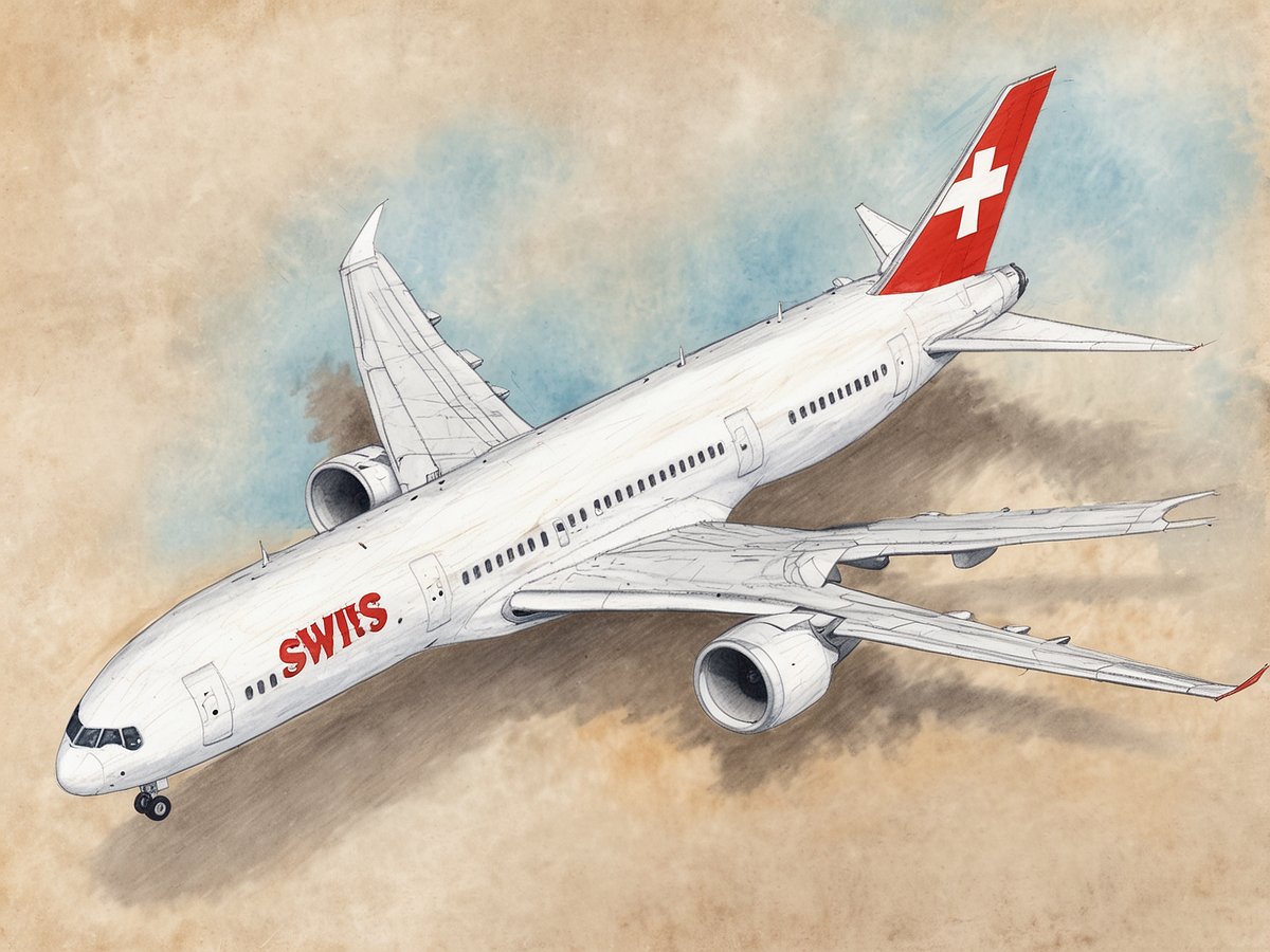 Ein Airbus A350 von SWISS wird in einer künstlerischen Illustration gezeigt. Das Flugzeug hat eine weiße Lackierung mit dem roten SWISS Schriftzug auf der Seitenfläche. Die Tragflächen sind ausgeklappt und die Triebwerke sind sichtbar. Im Hintergrund ist ein sanfter Farbverlauf in Erdtönen. Die Zeichnung vermittelt einen dynamischen Eindruck des Flugzeugs in der Luft.