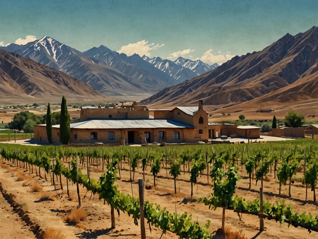 Auf dem Bild ist ein malerisches Weingut im Elqui-Tal zu sehen. Die sanften Hügel und die hohen Berge im Hintergrund schaffen eine beeindruckende Kulisse für die Weinberglandschaft. Die Reihen von Weinreben deuten darauf hin, dass dieses Weingut aktiv ist und hochwertige Weine produziert. Die Architektur des Gebäudes ist typisch für die Region, mit warmen Erdtönen, die sich harmonisch in die Umgebung einfügen. Solche Weingüter im Elqui-Tal sind bekannt für ihre exzellenten Weine und die atemberaubende natürliche Schönheit.