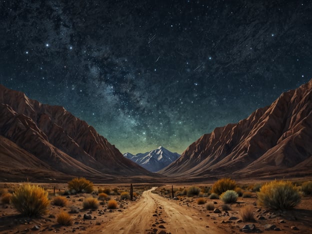 Auf dem Bild ist eine beeindruckende Landschaft im Elqui-Tal zu sehen, die sich besonders gut für die Sternenbeobachtung eignet. Die Berge im Hintergrund sind hell erleuchtet von den Sternen am Nachthimmel. Der klar sichtbare Sternenstaub und die Milchstraße wirken atemberaubend und bieten eine hervorragende Kulisse für Astronomie-Enthusiasten. Der Weg, der durch die Landschaft führt, lädt dazu ein, weiter in diese magische nächtliche Umgebung einzutauchen.