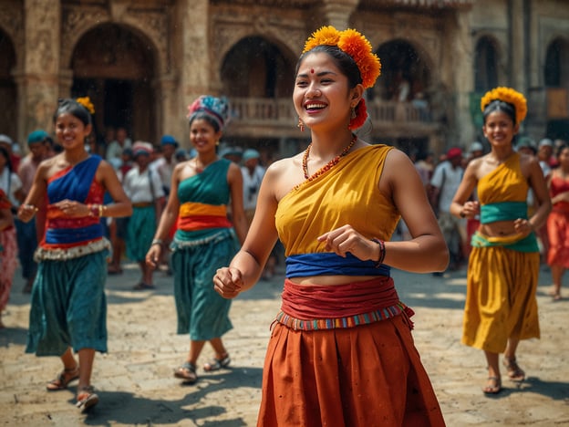 Auf dem Bild sind mehrere Frauen in traditioneller Kleidung zu sehen, die fröhlich tanzen. Sie scheinen an einer festlichen Veranstaltung oder einem kulturellen Festival teilzunehmen, was auf eine lebendige und fröhliche Atmosphäre hinweist. Ihre bunten Kleider und das Lächeln deuten auf eine Feierlichkeit hin, die möglicherweise mit traditionellen Tänzen oder religiösen Zeremonien verbunden ist. Solche kulturellen Erlebnisse fördern Gemeinschaftsgefühl und ermöglichen den Austausch von Traditionen und Bräuchen. Die festliche Umgebung, die Menschenmenge und die tänzerische Darbietung spiegeln die Vielfalt und den Reichtum der kulturellen Praktiken wider.