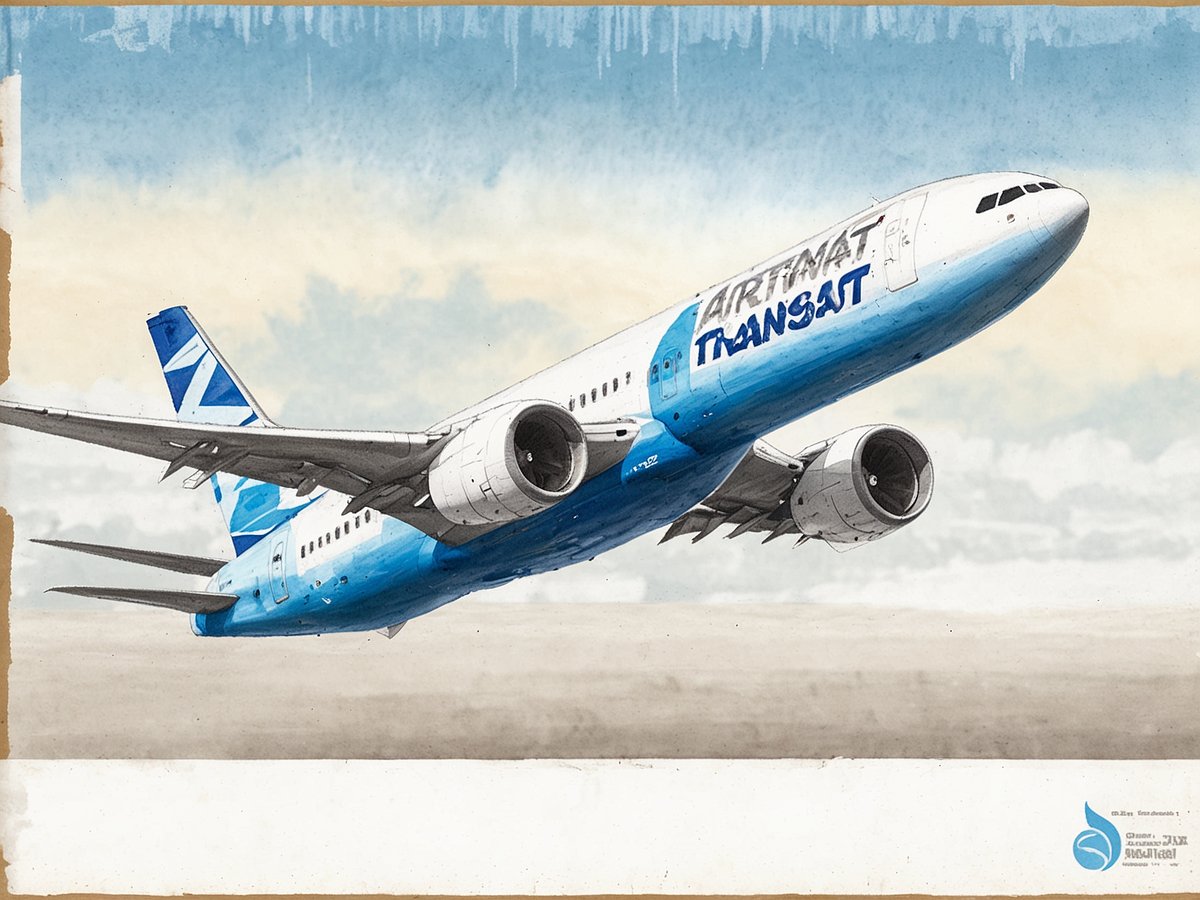 Ein Flugzeug der Airline Air Transat hebt in den Himmel ab. Es ist in blau-weißem Design gehalten und zeigt das Logo von Air Transat auf der Seite. Der Hintergrund zeigt einen hellen Himmel mit einigen Wolken, der das Gefühl von Reisefreude und Abenteuer vermittelt. Das Bild vermittelt den Eindruck von Bewegung und Aufbruch.