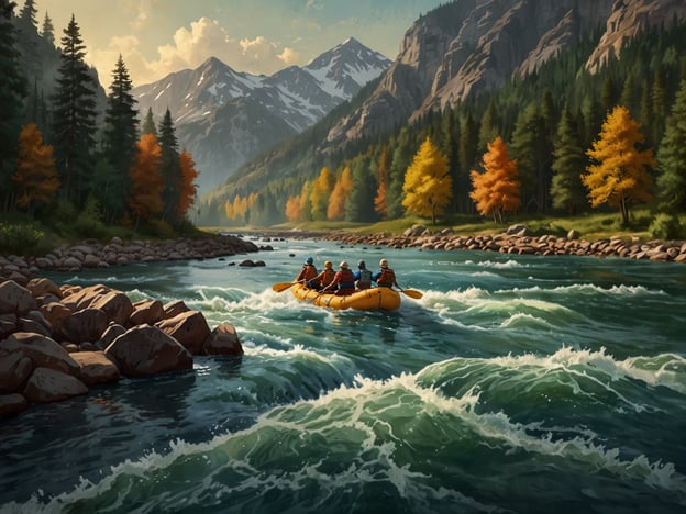 Auf dem Bild ist eine Rafting-Gruppe zu sehen, die in einem Fluss mit strömendem Wasser im Gebirge paddelt. Die Umgebung ist wunderschön mit hohen Bergen im Hintergrund und bunten Bäumen, die auf den Herbst hindeuten. 

Die ideale Reisezeit für das Rafting-Abenteuer in solch einer Landschaft wäre im späten Frühling bis hin zum frühen Herbst, idealerweise zwischen Mai und September, wenn die Wasserstände optimal sind und das Wetter angenehm für Outdoor-Aktivitäten ist.