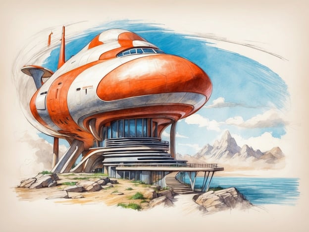 Auf dem Bild ist ein futuristisches Gebäude zu sehen, das an ein Raumschiff erinnert. Es hat eine auffällige rot-weiße Farbgestaltung und steht auf einem Fundament, das über eine Treppe zugänglich ist. Im Hintergrund sind Berge und ein Meer zu erkennen, was auf eine malerische Lage hinweist.

**Aktueller Stand:** Solche Designs spiegeln die aktuelle Architektur- und Designtrends wider, die futuristische und organische Formen integrieren. Es gibt bereits ähnliche Konzepte, die Nachhaltigkeit und innovative Materialien in den Vordergrund stellen.

**Zukunftsaussichten:** In der Zukunft könnten Gebäude wie dieses eine Reality werden, insbesondere durch Fortschritte in der Technologie und in den Materialien. Sie könnten als umweltfreundliche Wohn- oder Arbeitsräume konzipiert werden, die sowohl ästhetisch ansprechend als auch funktional sind. Es ist denkbar, dass solche Strukturen auch in schwierig zugänglichen Gebieten errichtet werden, um neue Lebensräume zu erschließen.