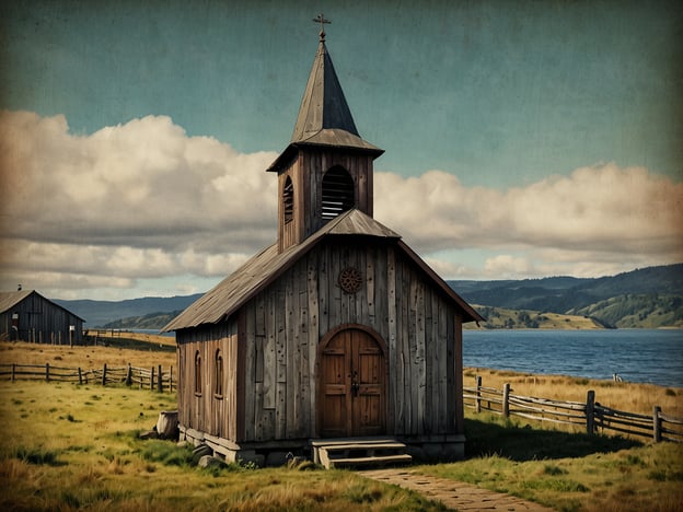 Auf dem Bild ist eine typisch chilenische Holzkirche zu sehen, die zur einzigartigen Architektur von Chiloé gehört. Diese Kirchen zeichnen sich durch ihre Verwendung von Holz, oft aus der heimischen Lenga oder Coihue, aus und sind ein bemerkenswerter Ausdruck der kulturellen Identität der Region. 

Die Architektur kombiniert einheimische und europäische Einflüsse und präsentiert sich häufig mit einem auffälligen, spitzen Turm. Die harmonische Integration in die natürliche Umgebung, wie hier mit dem Blick auf das Wasser und die sanften Hügel im Hintergrund, macht sie besonders fotogen und eindrucksvoll. Die Holzkirchen von Chiloé sind nicht nur architektonisch bemerkenswert, sondern auch UNESCO-Weltkulturerbe, was ihre kulturelle und historische Bedeutung unterstreicht.