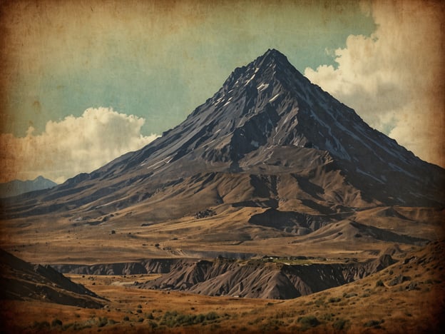 Auf dem Bild ist ein majestätischer Berg zu sehen, der durch seine schroffen Konturen und die schneebedeckte Spitze beeindruckt. Diese Landschaft ist möglicherweise von der Faszination des Ojos del Salado, dem höchsten Vulkan der Welt, inspiriert. Der Ojos del Salado ist nicht nur ein faszinierendes Naturphänomen, sondern auch ein Ort, der Abenteuerlust und Ehrfurcht hervorruft. Die Kombination aus dem rauen, goldenen Terrain und dem historischen Charme des Vulkans zieht viele Bergsteiger und Naturbegeisterte an, die die Schönheit dieser einzigartigen Region erleben möchten.