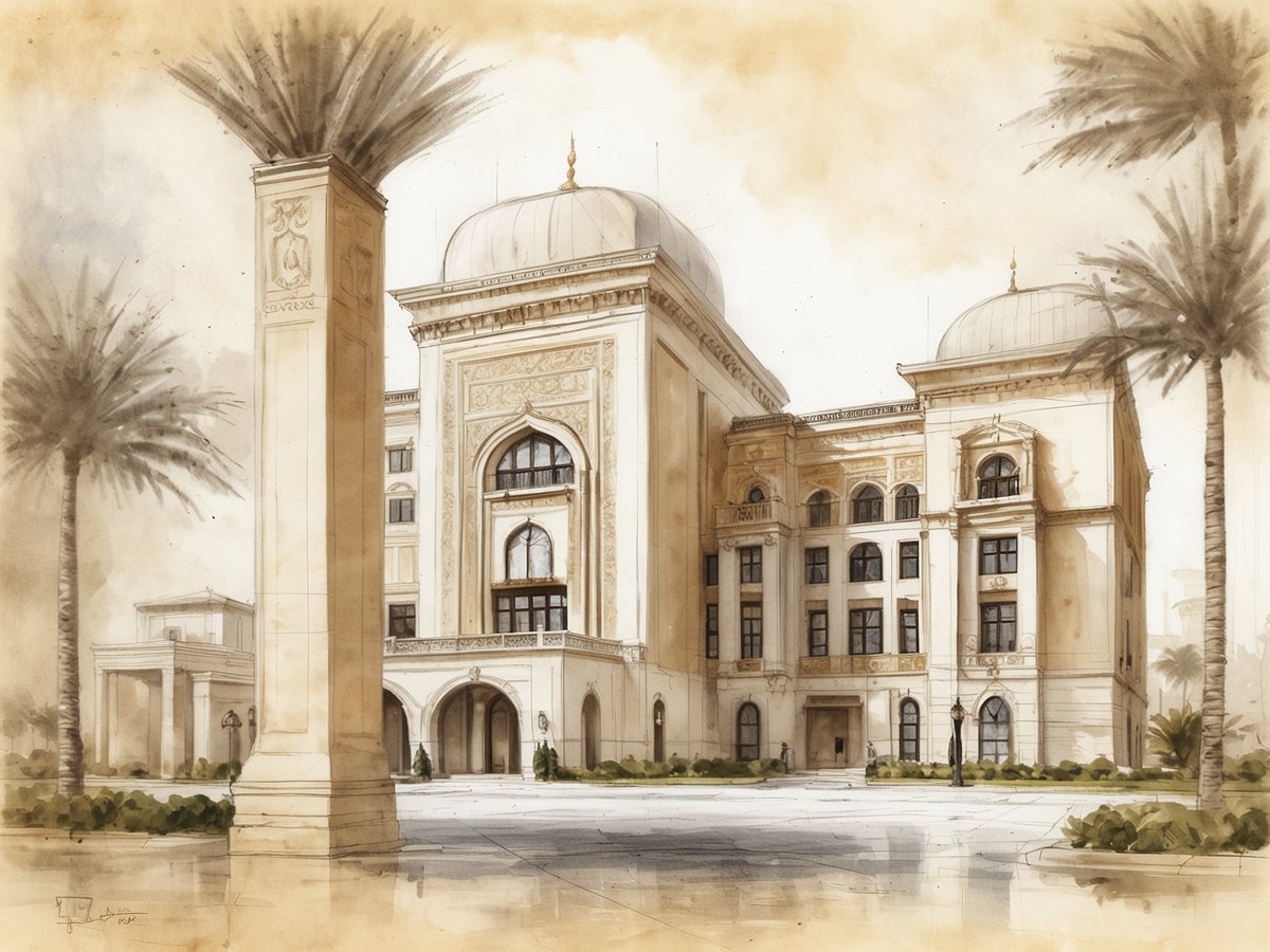 Das Bild zeigt eine kunstvolle Illustration des Al Habtoor Palace, einem luxuriösen Hotel. Im Vordergrund sind elegante Säulen und Palmen zu sehen, die die beeindruckende Architektur des Gebäudes umrahmen. Das Hotel selbst besticht durch seine prächtigen oberen Kuppeln und die kunstvoll gestalteten Fenster sowie Verzierungen an der Fassade. Die sanften Farbtöne verleihen der Darstellung eine harmonische und einladende Atmosphäre, die den luxuriösen Charme des Ortes unterstreicht.