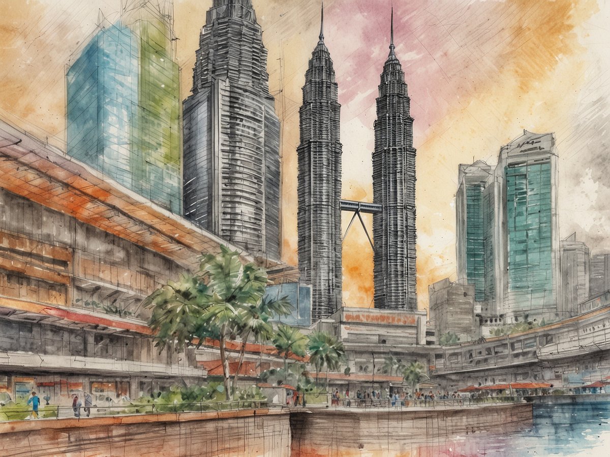 Das Bild zeigt eine künstlerische Darstellung der Petronas Twin Towers in Kuala Lumpur, umgeben von modernen Wolkenkratzern und einem lebhaften Stadtbild. Im Vordergrund sind tropische Pflanzen und Spaziergänger zu sehen, die entlang einer Uferpromenade flanieren. Der Himmel ist in warmen Farbtönen gehalten, was eine einladende Atmosphäre schafft. Die Architektur ist zeitgenössisch und spiegelt den pulsierenden Charakter der Stadt wider, ideal für einen Aufenthalt im neuen Hyatt Centric City Centre.