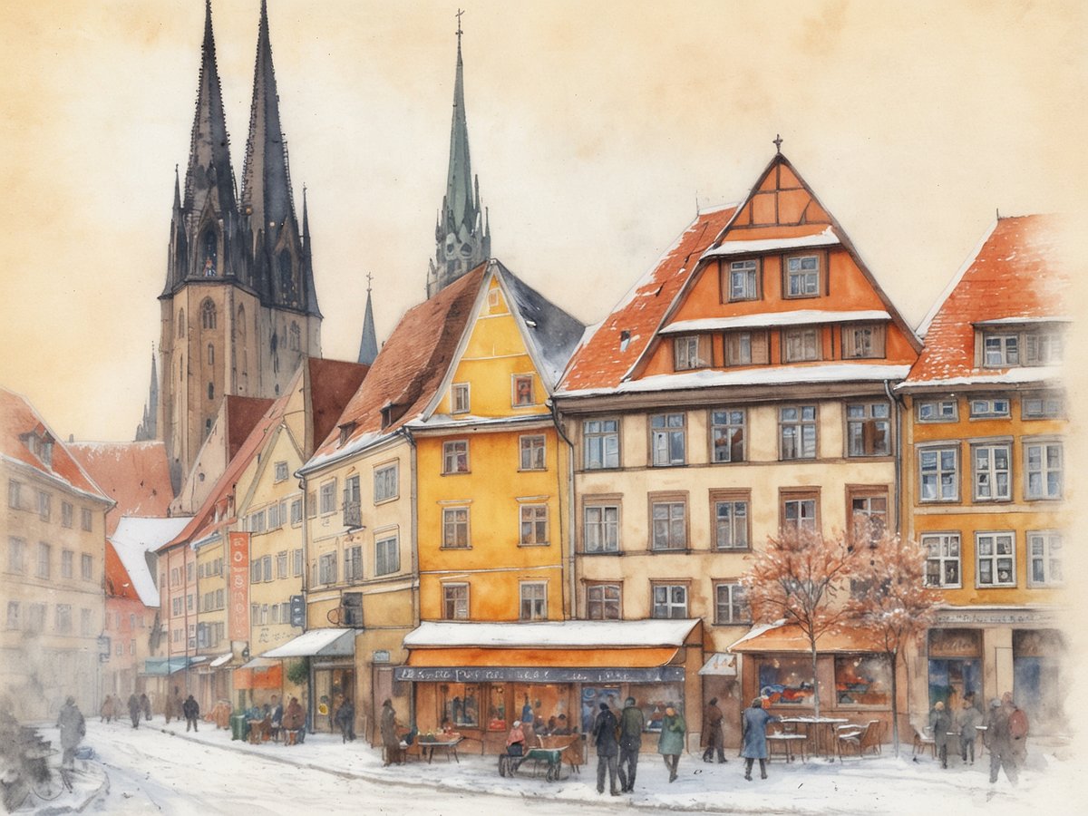 Ein malerisches winterliches Stadtbild von Erfurt zeigt historische Häuser mit steilen Dächern, die mit Schnee bedeckt sind. Im Hintergrund ragen die Türme einer majestätischen Kirche in den Himmel. Die Straße ist von Menschen belebt, die in Winterkleidung spazieren gehen und die gemütliche Atmosphäre genießen. Einige Tische mit Stühlen stehen vor den Geschäften, während ein zierlicher Baum mit zarten Blüten einen Hauch von Farbe in die winterliche Szene bringt. Die sanften Pastelltöne des Himmels und die warmen Farbtöne der Gebäude schaffen eine einladende Stimmung im egapark.