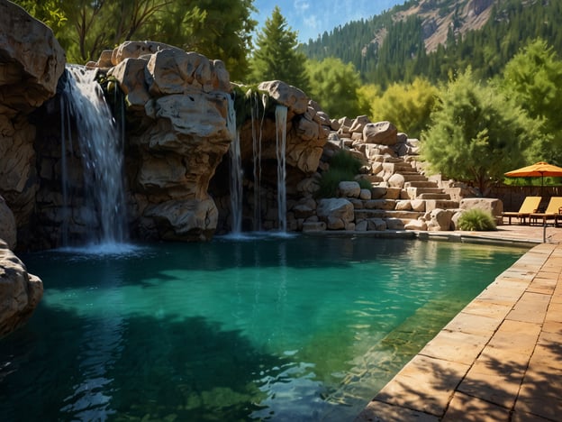 Auf dem Bild ist eine malerische Landschaft mit einem schönen Pool zu sehen, der von Felsen und Wasserfällen umgeben ist. Die Szenerie hat eine entspannende Atmosphäre, die perfekt ist, um Thermalquellen und Wellnessangebote zu entdecken. Der Pool lädt dazu ein, sich zu entspannen und die natürliche Umgebung zu genießen, während die Wasserfälle ein beruhigendes Geräusch im Hintergrund erzeugen. Solch eine Umgebung bietet ideale Möglichkeiten für Erholung und Wohlbefinden.