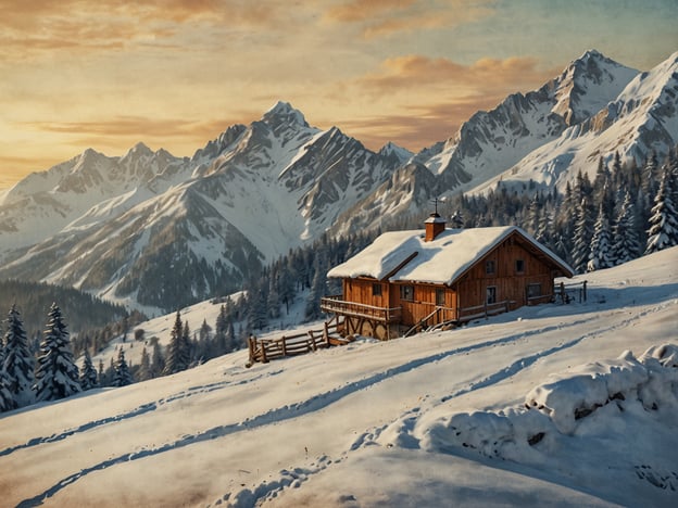 Auf dem Bild ist eine gemütliche Holzhütte in einer traumhaften winterlichen Landschaft zu sehen. Umgeben von schneebedeckten Bergen und Nadelbäumen vermittelt die Szene eine einzigartige Atmosphäre, die ideal für Wintersportarten wie Skifahren oder Snowboarden ist. Der frische, pulvrige Schnee lädt zu Aktivitäten im Freien ein, während die malerische Kulisse die Schönheit der winterlichen Natur unterstreicht.