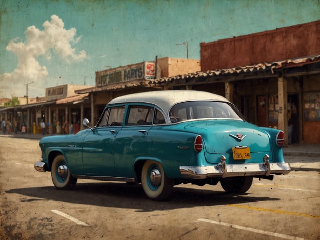 Auf dem Bild ist ein klassisches, turquoise-farbenes Auto zu sehen, das auf einer Straße in einer kleinen Stadt oder einem Dorf fährt. Im Hintergrund befinden sich historische Gebäude, die möglicherweise Geschäfte oder Restaurants beherbergen. Die Szenerie hat einen nostalgischen, retroartigen Charme.

**Anreise:**
Um diesen Ort zu besuchen, empfehlen sich mehrere Möglichkeiten. Wenn du fliegst, suche nach dem nächstgelegenen Flughafen und miete ein Auto, um die Umgebung besser zu erkunden. Alternativ kannst du mit dem Zug oder Bus anreisen, falls es eine gute Verbindung gibt.

**Praktische Tipps:**
1. **Parken:** Achte darauf, dass es in der Nähe des Zentrums Parkmöglichkeiten gibt. Frueh ankommen kann hilfreich, um einen guten Platz zu finden.
2. **Essen:** Informiere dich über lokale Restaurants im Voraus, um die besten kulinarischen Erlebnisse auszuwählen.
3. **Sehenswürdigkeiten:** Plane einige Stopps ein, um die historischen Gebäude und Geschäfte zu erkunden, die die Atmosphäre des Ortes ausmachen.
4. **Festen und Veranstaltungen:** Überprüfe den Veranstaltungskalender, falls während deines Besuchs lokale Feste oder Märkte stattfinden.

Viel Spaß bei deinem Besuch!