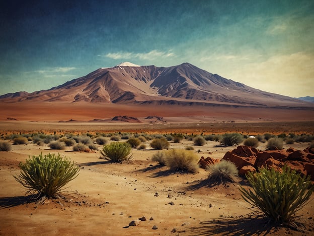 Auf dem Bild ist die Atacama-Wüste zu sehen, ein faszinierendes Naturwunder. Die beeindruckende Landschaft zeigt eine Mischung aus sandigen Flächen und spärlicher Vegetation, charakteristisch für diese trockenste Wüste der Welt. Im Hintergrund ragt ein majestätischer Berg, dessen schneebedeckter Gipfel einen starken Kontrast zur kargen Umgebung bildet. Diese Region ist bekannt für ihre atemberaubenden Farben und einzigartigen geologischen Formationen.