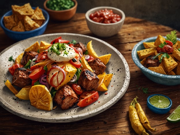 Auf dem Bild ist ein köstliches Gericht zu sehen, das eine bunte Mischung aus verschiedenen Zutaten präsentiert. Es handelt sich um eine Salatvariation mit mariniertem Fleisch, frischem Gemüse wie Tomaten und Zwiebeln sowie knusprigen Tortilla-Chips. Dazu gibt es verschiedene Beilagen, darunter Salsa und Guacamole in kleinen Schälchen. 

In Calama, einer Stadt in Chile, können solche kulinarischen Entdeckungen sehr geschätzt werden. Lokale Märkte bieten viele frische Zutaten, die sich hervorragend für kreative Gerichte eignen. Das Zusammenspiel von Aromen und Farben in dieser Präsentation spiegelt die vielfältige Gastronomie der Region wider, die traditionelle und moderne Elemente kombiniert.