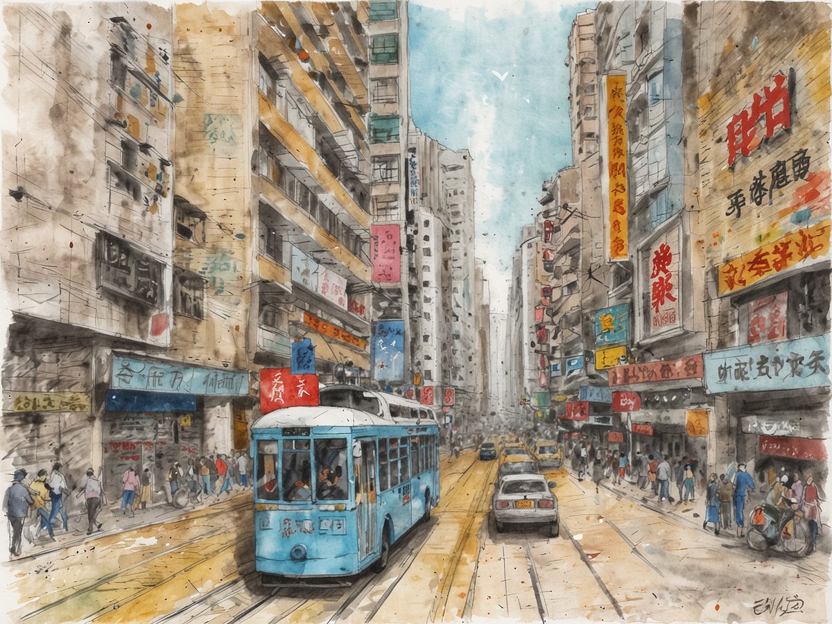 Eine belebte Straße in Wan Chai, Hongkong, zeigt eine historische Straßenbahn in blauer Farbe, die auf Schienen fährt. Umgeben von hohen Wohn- und Geschäftsgebäuden sind zahlreiche Werbeschilder in verschiedenen Farben und Schriftarten zu sehen. Die Straße ist belebt mit Fußgängern und Fahrzeugen, darunter Taxis und andere Autos. Das Bild vermittelt eine lebendige Atmosphäre der Stadt mit einer Mischung aus traditioneller und moderner Architektur.