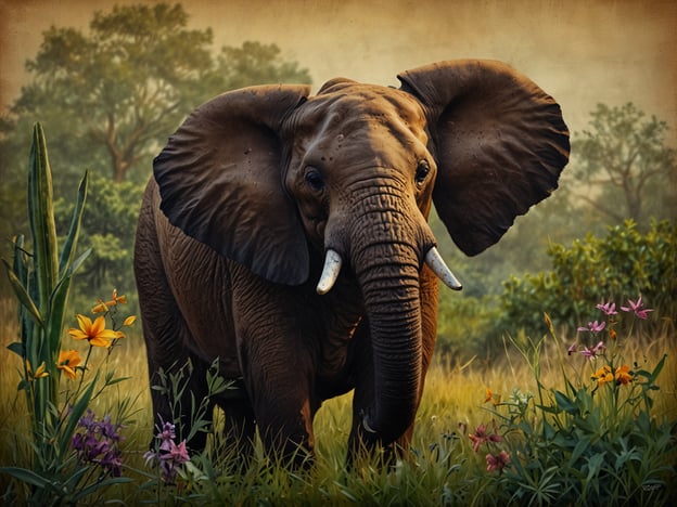 Auf dem Bild ist ein majestätischer Elefant zu sehen, der in einer lebhaften Umgebung steht, umgeben von einer Vielzahl bunter Blumen. Diese Szene zeigt die Entdeckung der einzigartigen Flora und Fauna, die in den afrikanischen Savannen oder ähnlichen Lebensräumen vorkommen. Die Farben und die Vielfalt der Pflanzen betonen die Schönheit und den Reichtum der Natur, während der Elefant, als größtes landlebendes Tier, eine zentrale Rolle im Ökosystem einnimmt. Diese Interaktion zwischen Tier und Vegetation verdeutlicht die wichtige Beziehung, die zwischen der Fauna und der Flora in natürlichen Lebensräumen besteht.