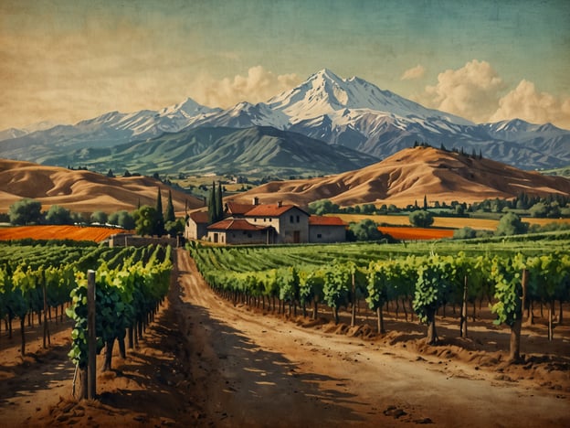 Auf dem Bild ist eine malerische Landschaft der Weinregion Rancagua zu sehen. Die sanften Hügel sind mit üppigen Weinreben bewachsen, die in Reihen angeordnet sind. Im Hintergrund ragen majestätische Berge mit schneebedeckten Gipfeln auf, die die Landschaft prägen. Am Horizont sind weitere landwirtschaftliche Flächen und Bäume sichtbar, die das Bild lebendig und einladend wirken lassen. Diese Region ist bekannt für ihre Weinkultur und stellt ein festes Fundament für den Weinbau in Chile dar.