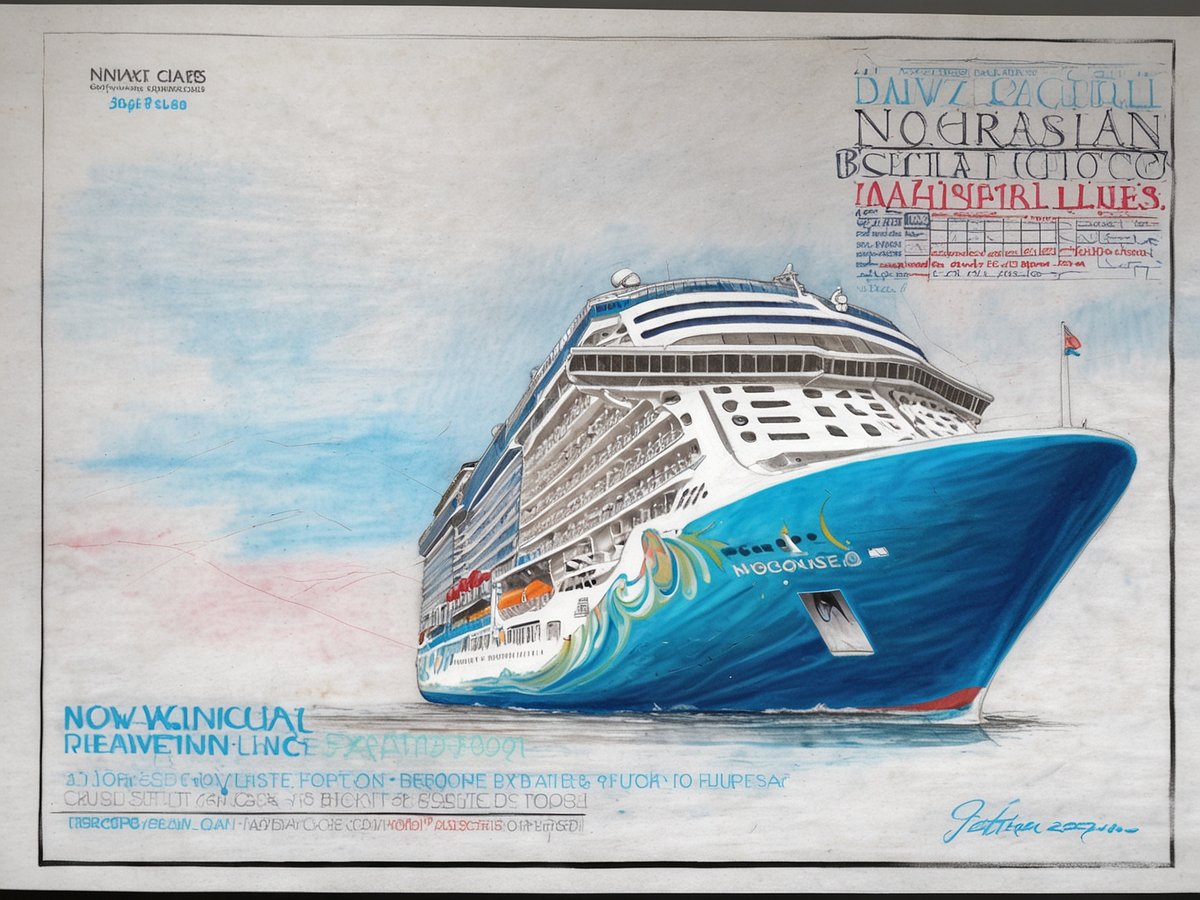 Eine farbenfrohe künstlerische Illustration eines Kreuzfahrtschiffs, das die Norwegian Cruise Line repräsentiert. Das Schiff ist von der Seite zu sehen, mit dem markanten blauen Rumpf und den bunten Verzierungen an der Spitze. Im Hintergrund ist ein klarer Himmel zu erkennen, der in sanften Blau- und Rosatönen schimmert. Der Schiffsnamen „Norwegian“ ist deutlich sichtbar auf der Seite des Schiffs. Der Fokus liegt auf der Eleganz und dem Design des Schiffes, das in einem künstlerischen Stil dargestellt ist.