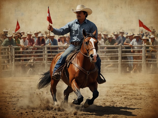 Auf dem Bild ist eine Szene aus einem Rodeo zu sehen, einem authentischen chilenischen Erlebnis. Ein Reiter führt sein Pferd mit einer Fahne in der Hand durch einen staubigen Platz, während eine Menschenmenge im Hintergrund zuschaut. Diese Darstellung fängt die Dynamik und die Tradition des chilenischen Reitens, auch bekannt als „huaso“, ein und zeigt die Begeisterung der Zuschauer für diese faszinierende Kulturveranstaltung.