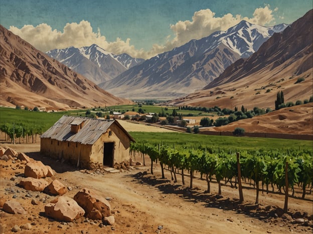 Auf dem Bild ist eine malerische Landschaft zu sehen, die an die Region Pisco Elqui in Chile erinnert. Es zeigt eine ländliche Szene mit Weinbergen, die sich am Hang eines Berges erstrecken, sowie eine einfache, rustikale Hütte aus Lehm und Holz. Im Hintergrund sind majestätische Berge mit schneebedeckten Gipfeln zu sehen, die einen klaren Himmel umrahmen. Diese Umgebung ist typisch für die Weinregion Pisco Elqui, die bekannt ist für ihre Weinfelder und die Herstellung von Pisco, einem traditionellen chilenischen Schnaps.