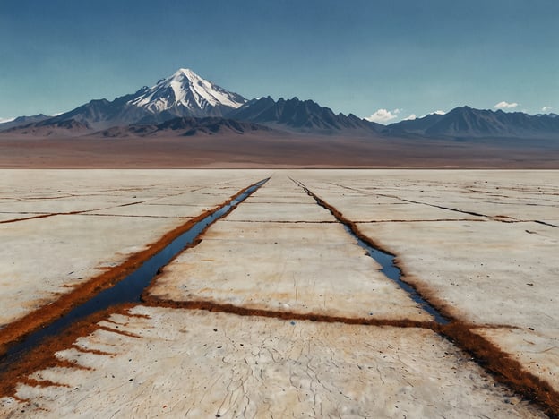 Auf dem Bild ist die faszinierende Landschaft des Salar de Tara zu sehen. Diese Salzebene ist beeindruckend durch ihre weiten, weißen Flächen, die von schroffen, farbenfrohen Bergen im Hintergrund umrahmt werden. Das klare blaue Wasser, das sich in den Rillen zwischen den salzartigen Ablagerungen schlängelt, spiegelt die Schönheit der Umgebung wider. Die schneebedeckten Gipfel der Berge verleihen der Szenerie zusätzlich eine majestätische Note und schaffen einen markanten Kontrast zur kargen Landschaft des Salars.